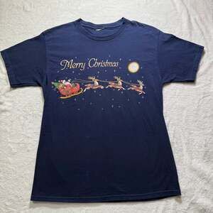 Vintage Merry Christmas Santa & Reindeer Graphic T-Shirt - Navy Blue